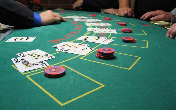 Blackjack table with cards and chips